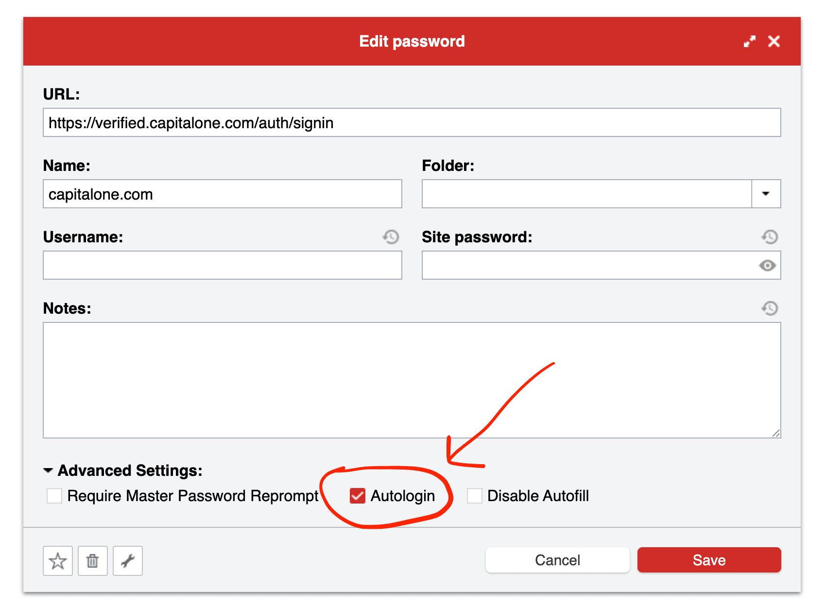 LastPass Edit password modal with the Autologin checkbox circled under Advanced Settings