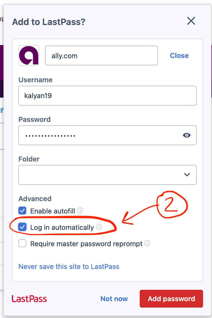 Expanded LastPass save prompt with the Log in automatically checkbox enabled under Advanced